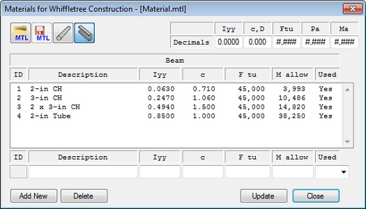 material edit window for beam