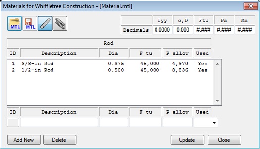 material edit window for rod